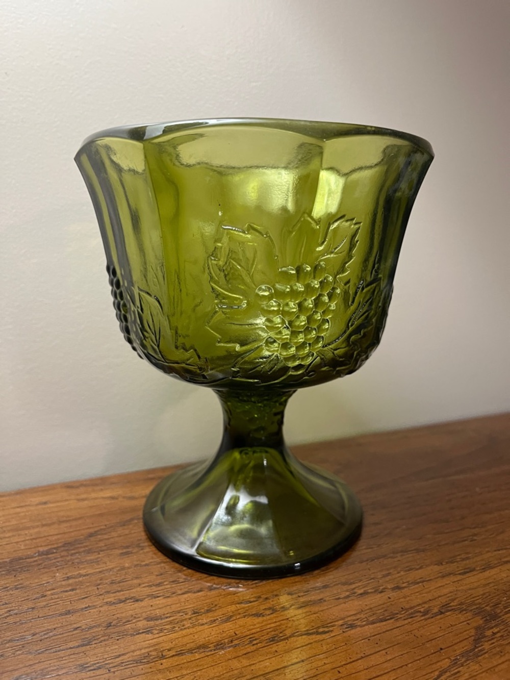 Indiana Glass Company Compote in the Harvest Green Pressed Grape/Leaf Pattern